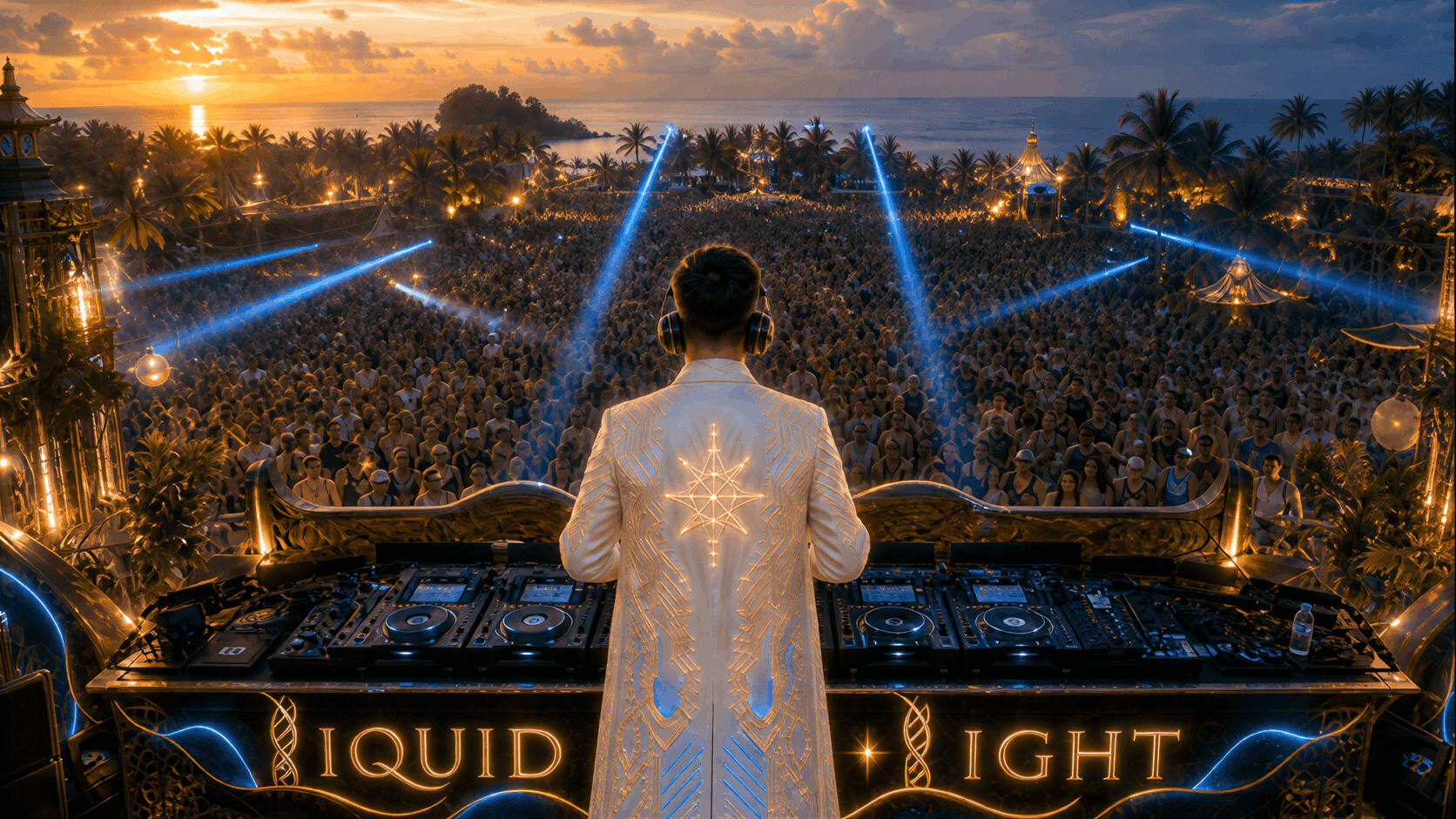 Liquid Light festival stage at sunset with a large crowd, ocean horizon, blue spotlights, and gold glowing Liquid Light branding.